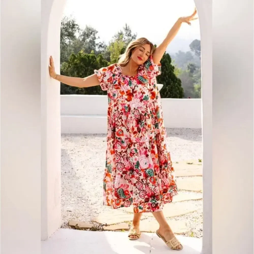 IVY CITY CO Harvey Tent Maxi Dress Pink Cream Red Floral Sz M NWT {DD21} - Picture 2 of 9